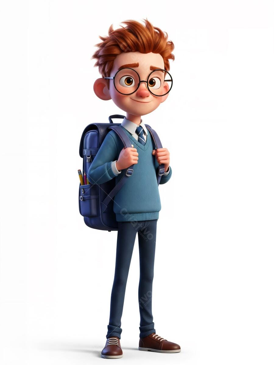 Menino estudante ruivo de óculos e mochila azul sorrindo animação 3D
