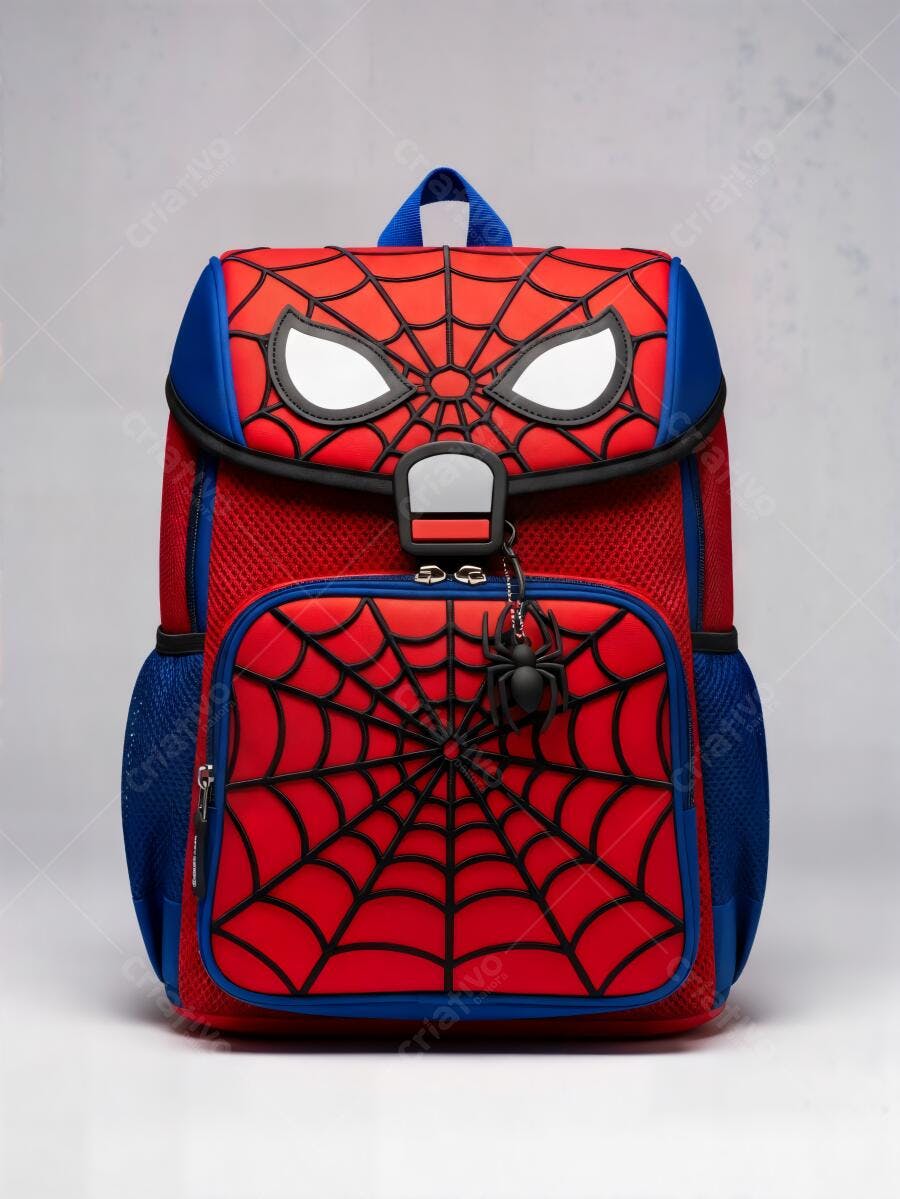 Mochila infantil Homem-Aranha vermelha e azul com teia e pingente