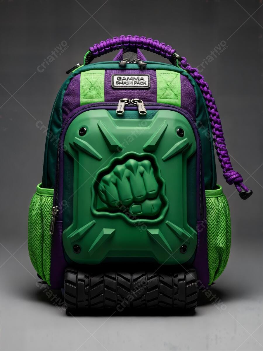 Mochila infantil verde e roxa temática Hulk com rodinhas e punho 3D