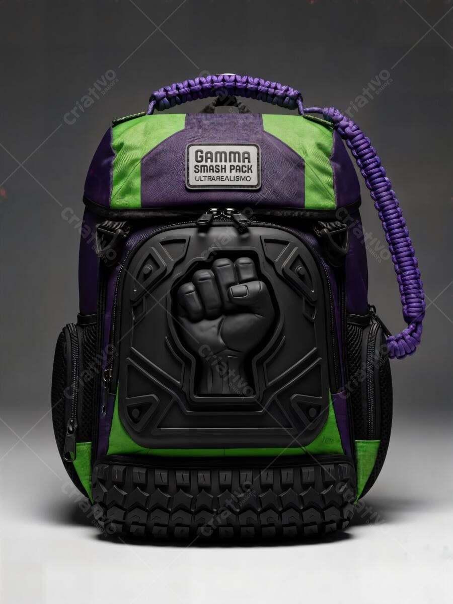 Mochila Gamma Smash Pack verde roxa preta com punho em relevo design heroico