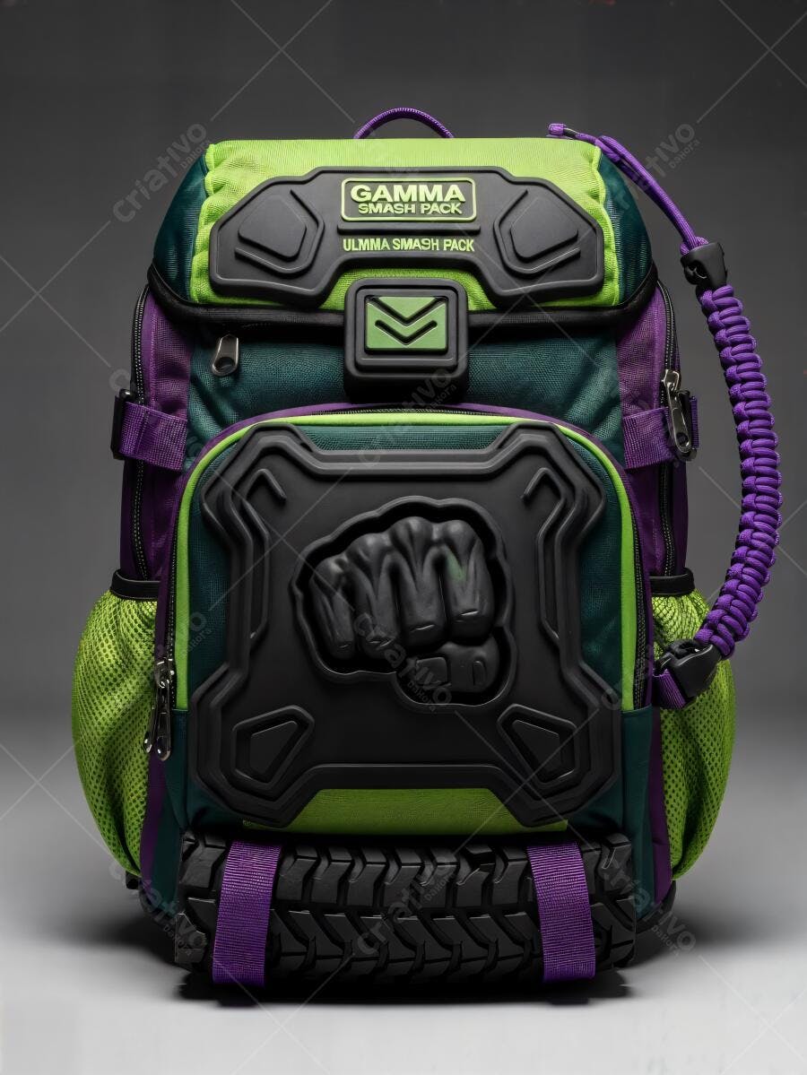 Mochila de aventura verde e roxa tema Hulk com punho em relevo