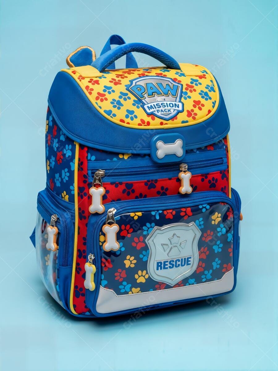 Mochila infantil Patrulha Canina azul e amarela para escola com estampa de patas