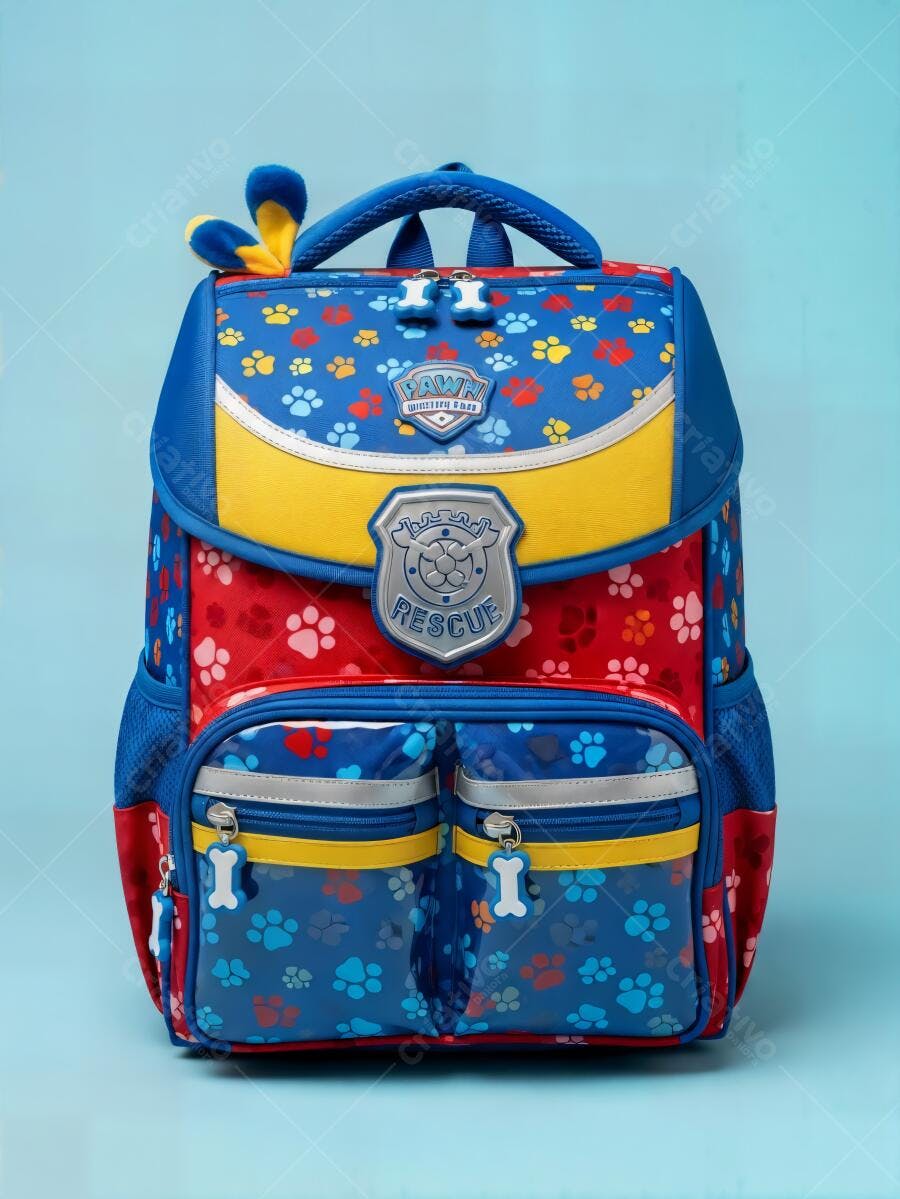Mochila infantil Patrulha Canina azul vermelha amarela para escola