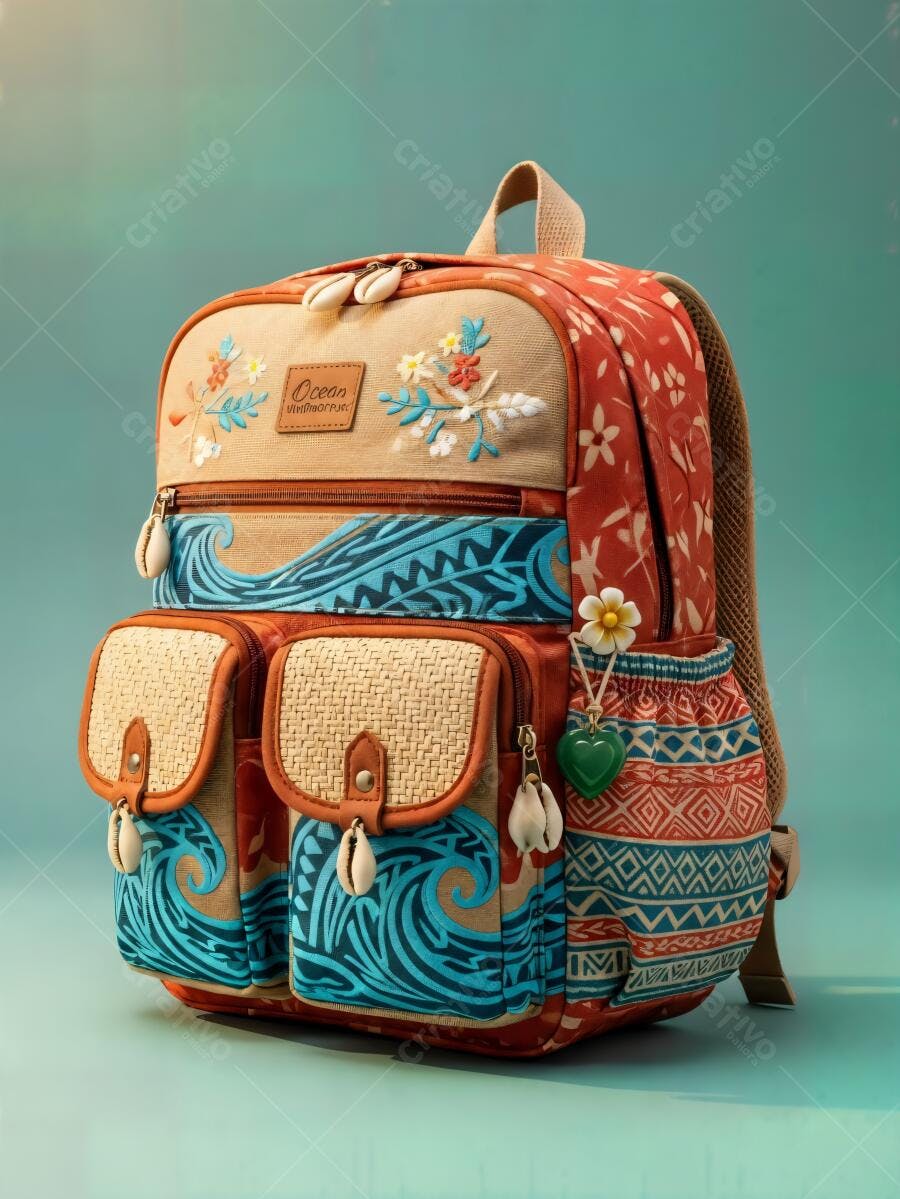 Mochila de tecido artesanal com estampa de ondas e flores marinhas