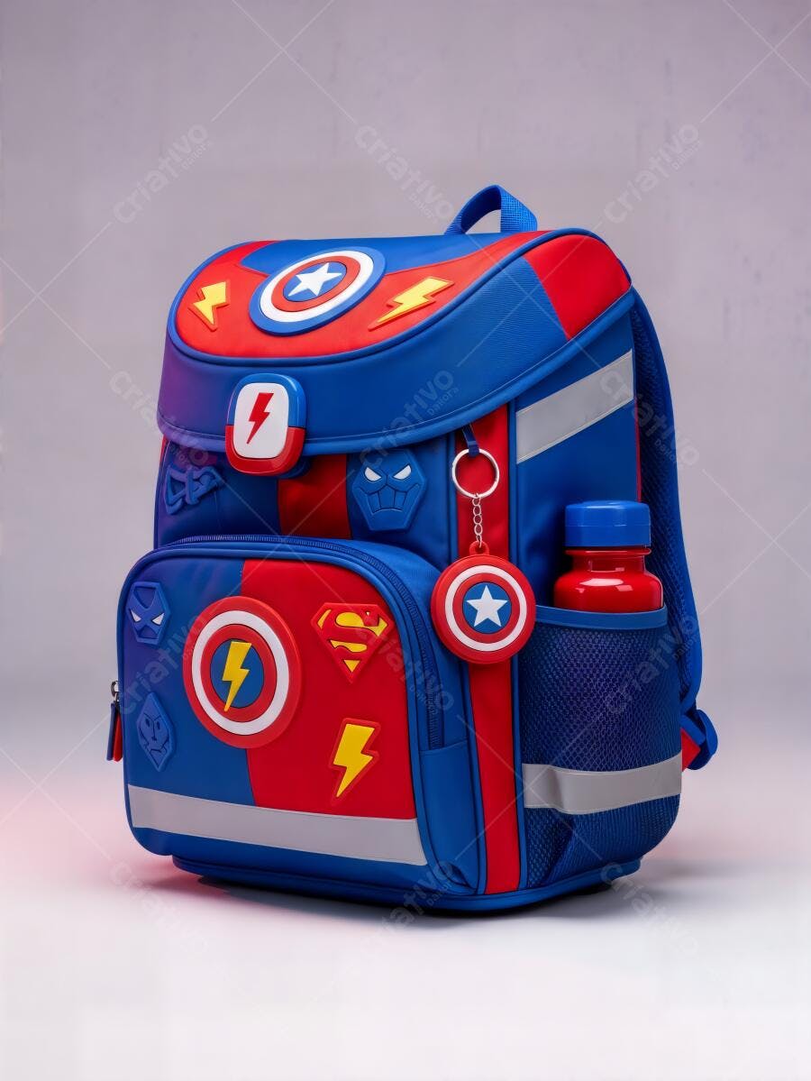 Mochila infantil azul e vermelha tema super-heróis com garrafa para escola