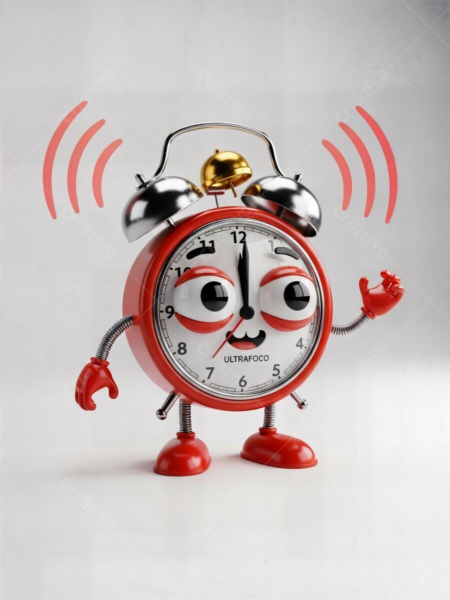 Personagem relógio despertador vermelho 3D feliz tocando com ondas sonoras