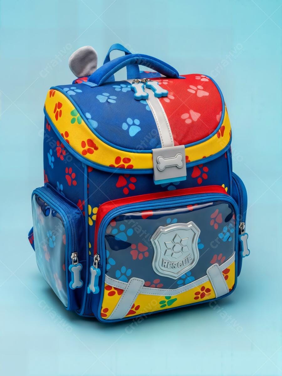 Mochila infantil azul vermelha com patas e ossos tema filhote