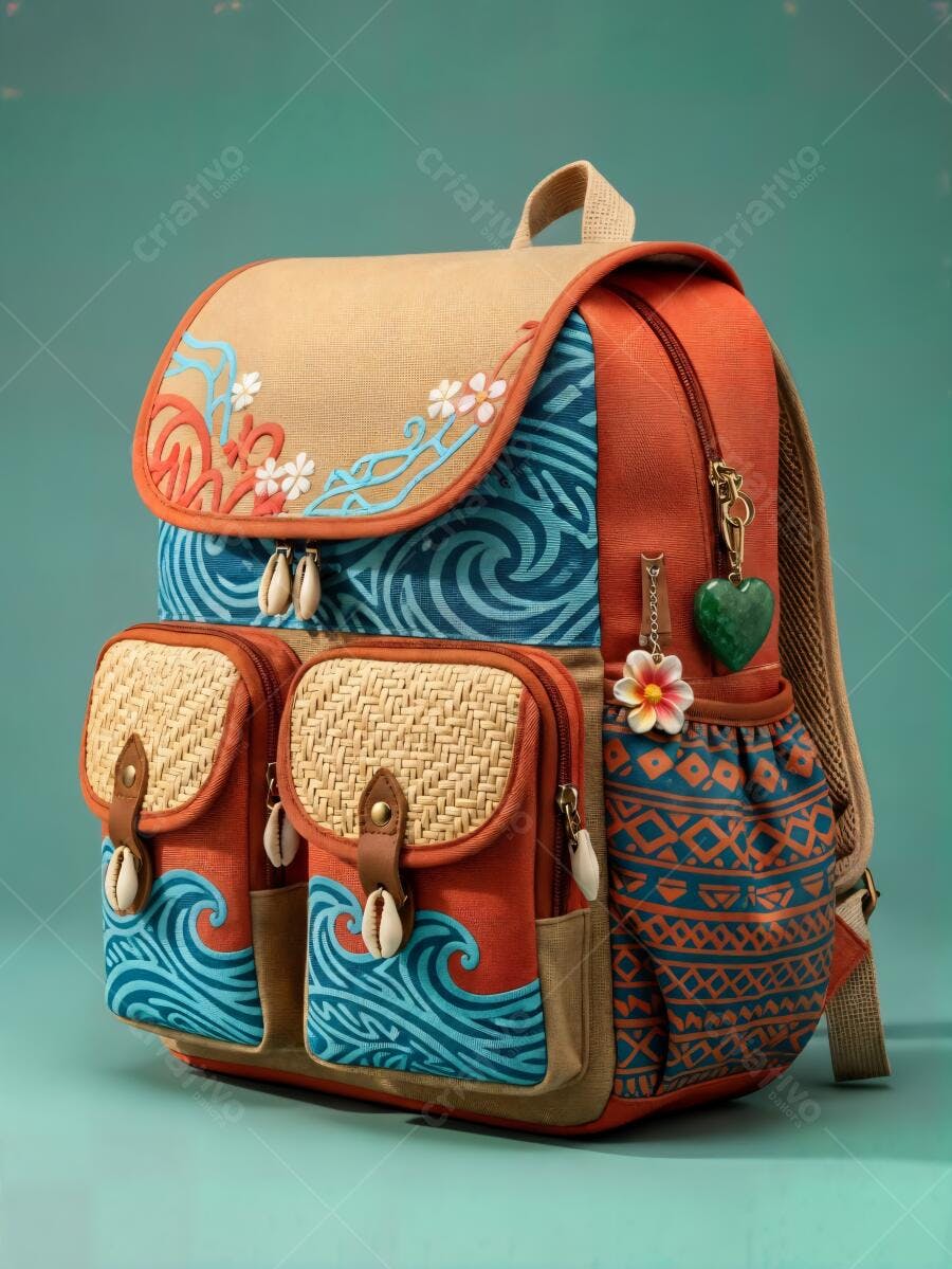 Mochila de tecido laranja azul e bege com padrões tropicais e conchas