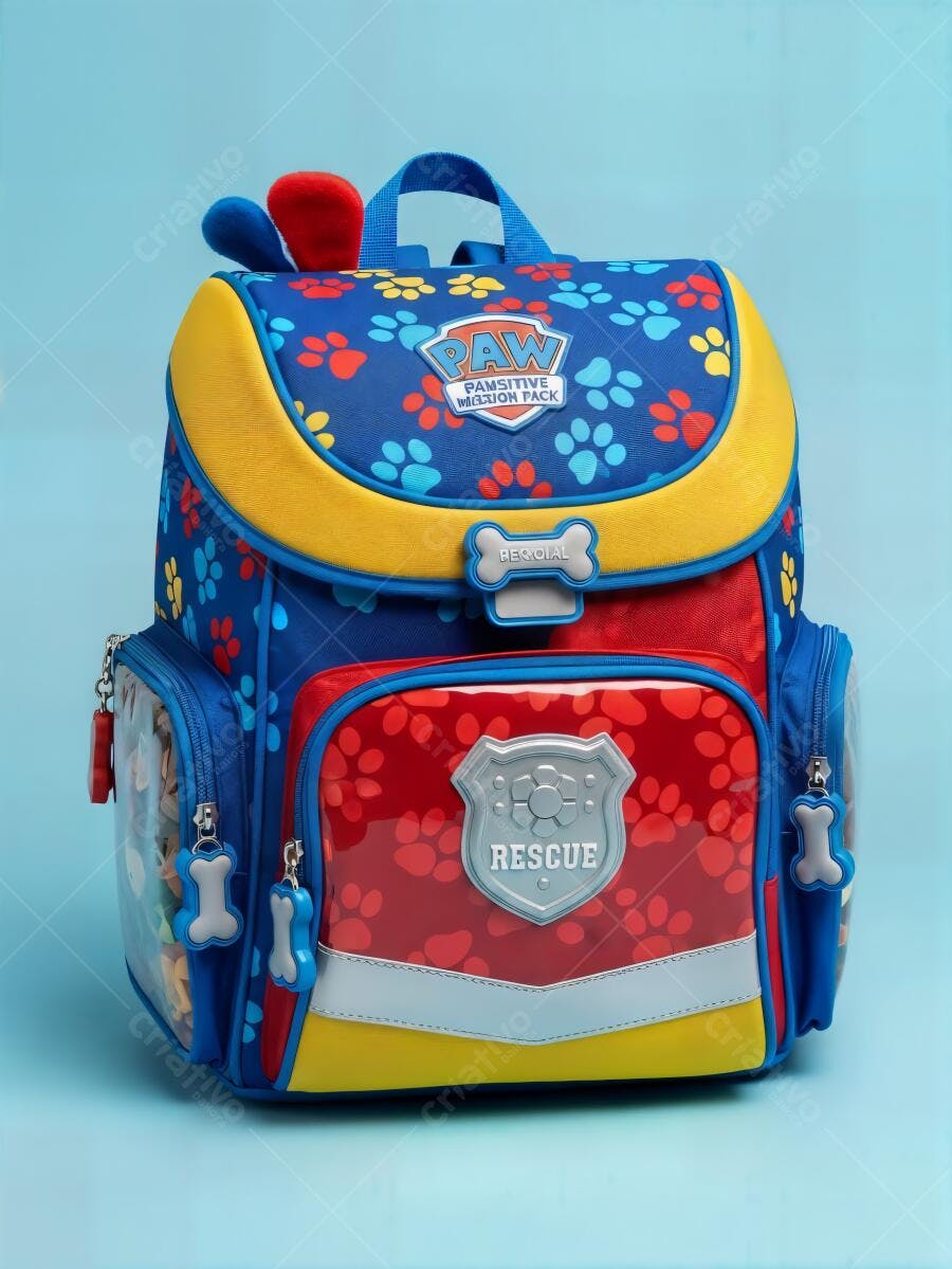 Mochila infantil Paw Patrol azul vermelha amarela estampada personagem para escola