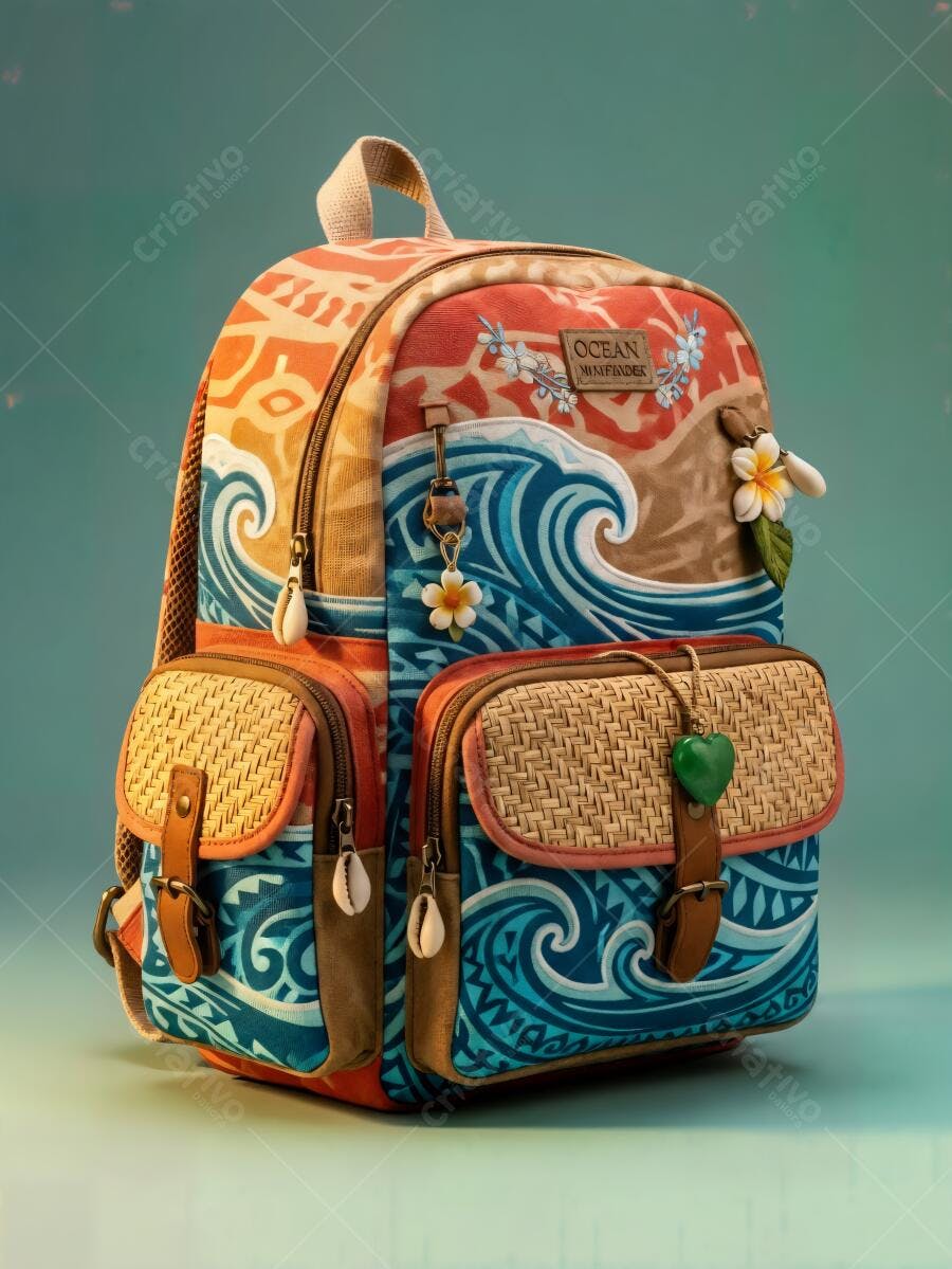Mochila tropical com estampa de ondas e flores havaianas para viagem