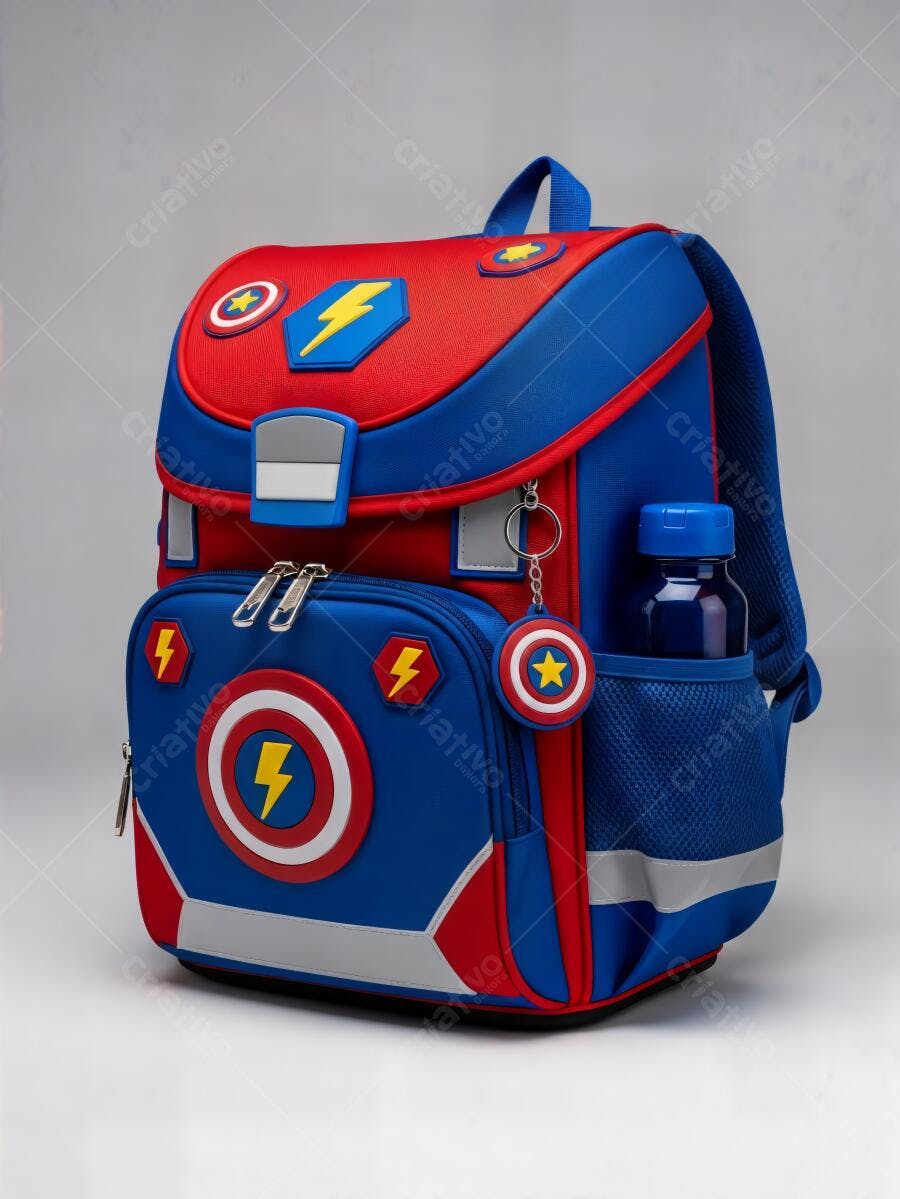 Mochila infantil azul e vermelha tema super-heróis com garrafa de água