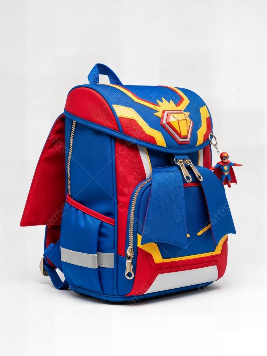 Mochila infantil de super-herói azul vermelha e amarela com chaveiro