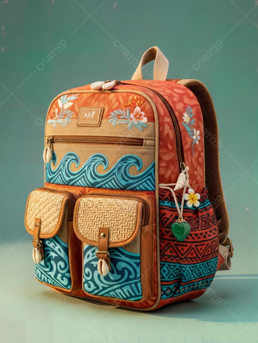 Mochila estilo tribal com estampa de ondas flores e conchas para viagem
