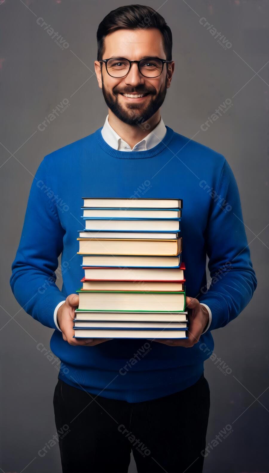 Homem de suéter azul sorrindo segurando pilha de livros coloridos