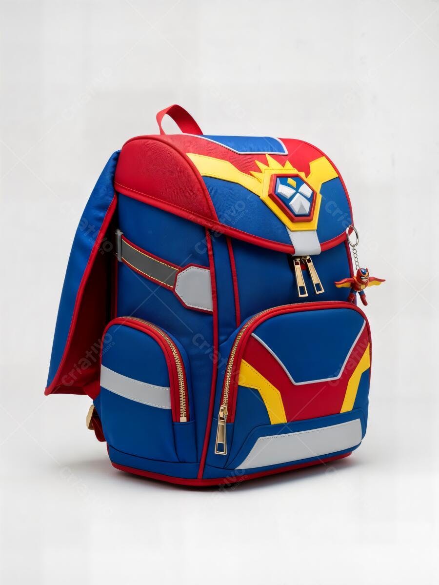 Mochila infantil azul vermelha amarela com tema super-herói para escola