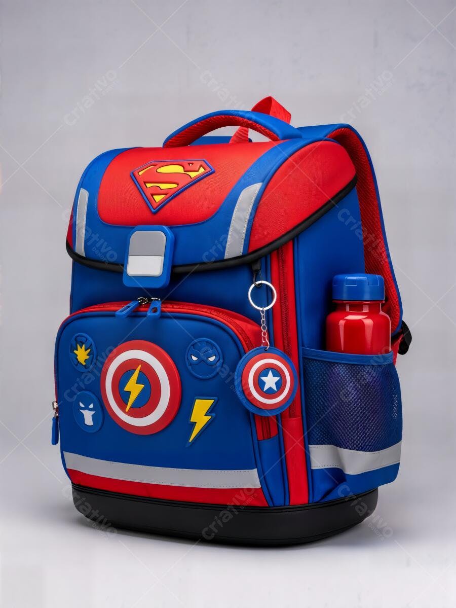 Mochila escolar infantil azul e vermelha tema super-heróis com garrafa