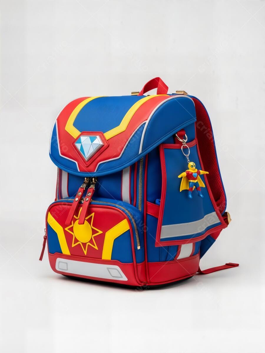 Mochila infantil azul vermelha amarela com tema de super-herói para escola