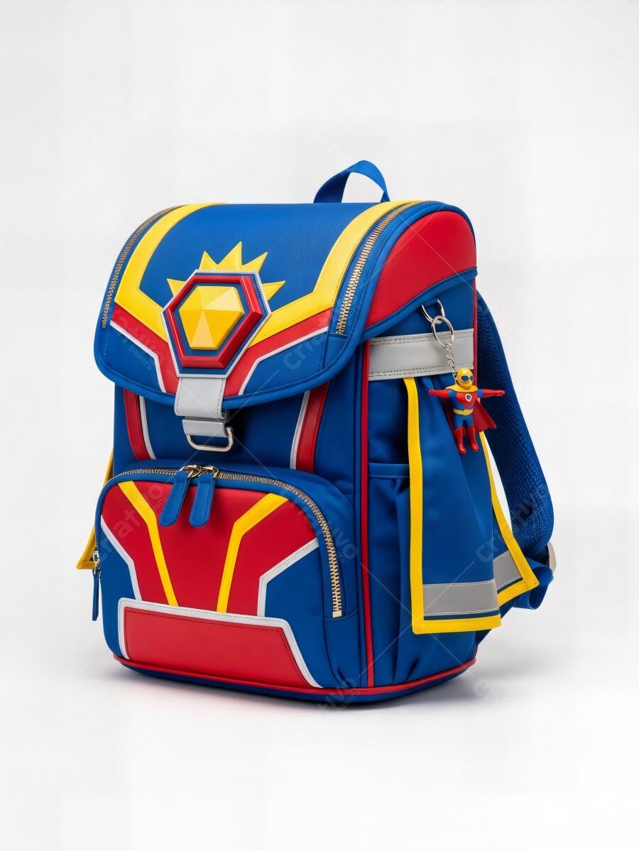 Mochila escolar infantil azul vermelha amarela com símbolo de herói e chaveiro