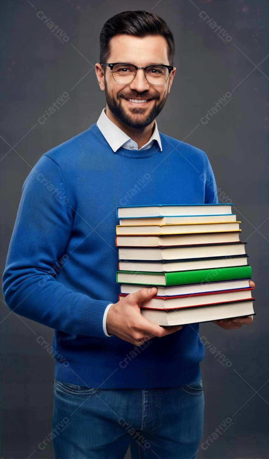 Homem barbudo de óculos sorrindo segurando pilha de livros coloridos