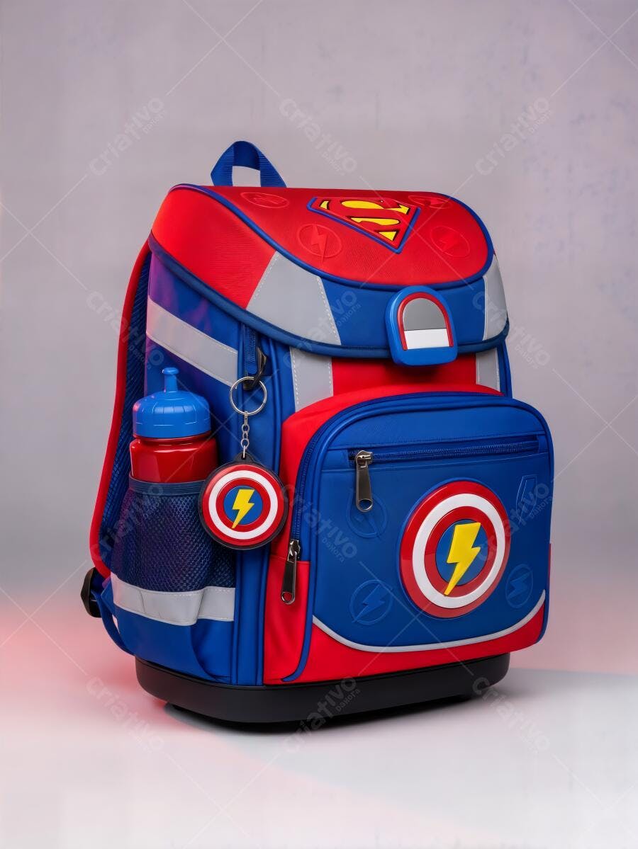 Mochila escolar infantil azul e vermelha com logo Superman e garrafa d'água