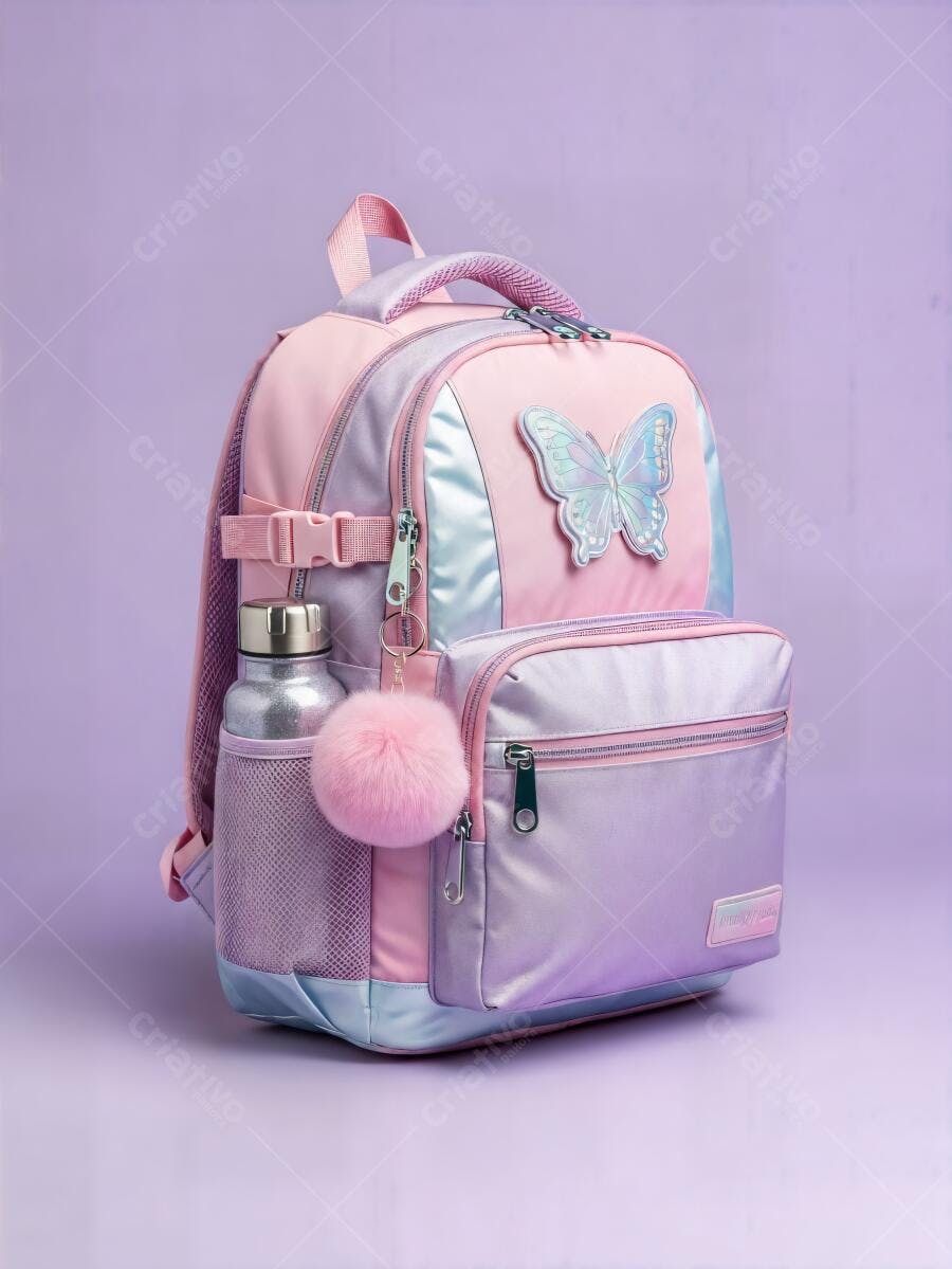 Mochila infantil rosa e roxa com borboleta iridescente e pompom fofo