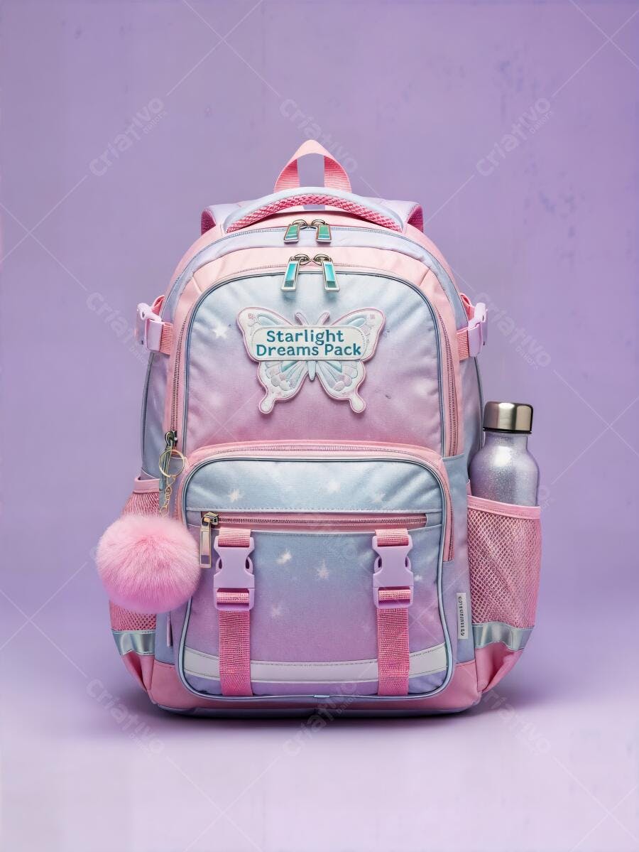 Mochila infantil feminina rosa azul e roxa com estrelas e pompom