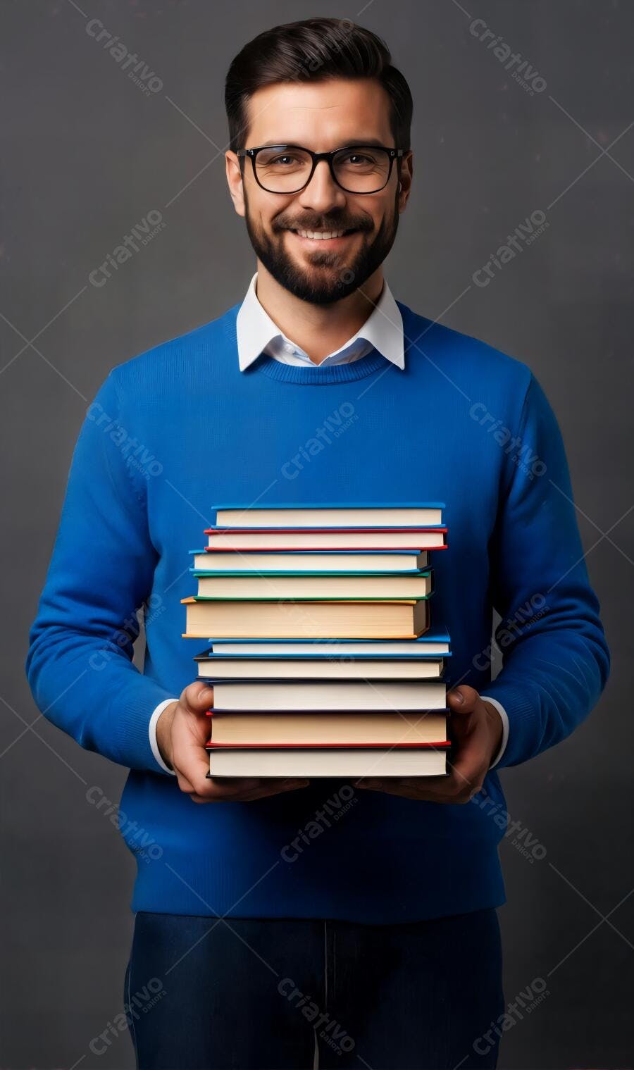 Homem barbudo sorridente de óculos e suéter azul segurando livros sobre educação