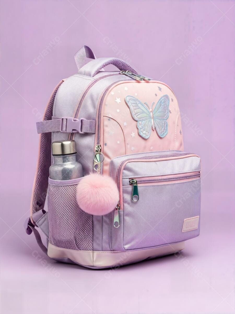 Mochila escolar infantil lilás e rosa borboleta azul com garrafa e pompom