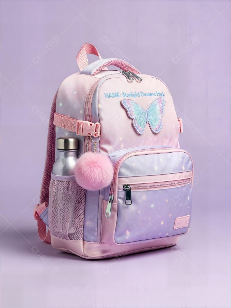 Mochila infantil rosa lilás com borboleta e pompom para escola