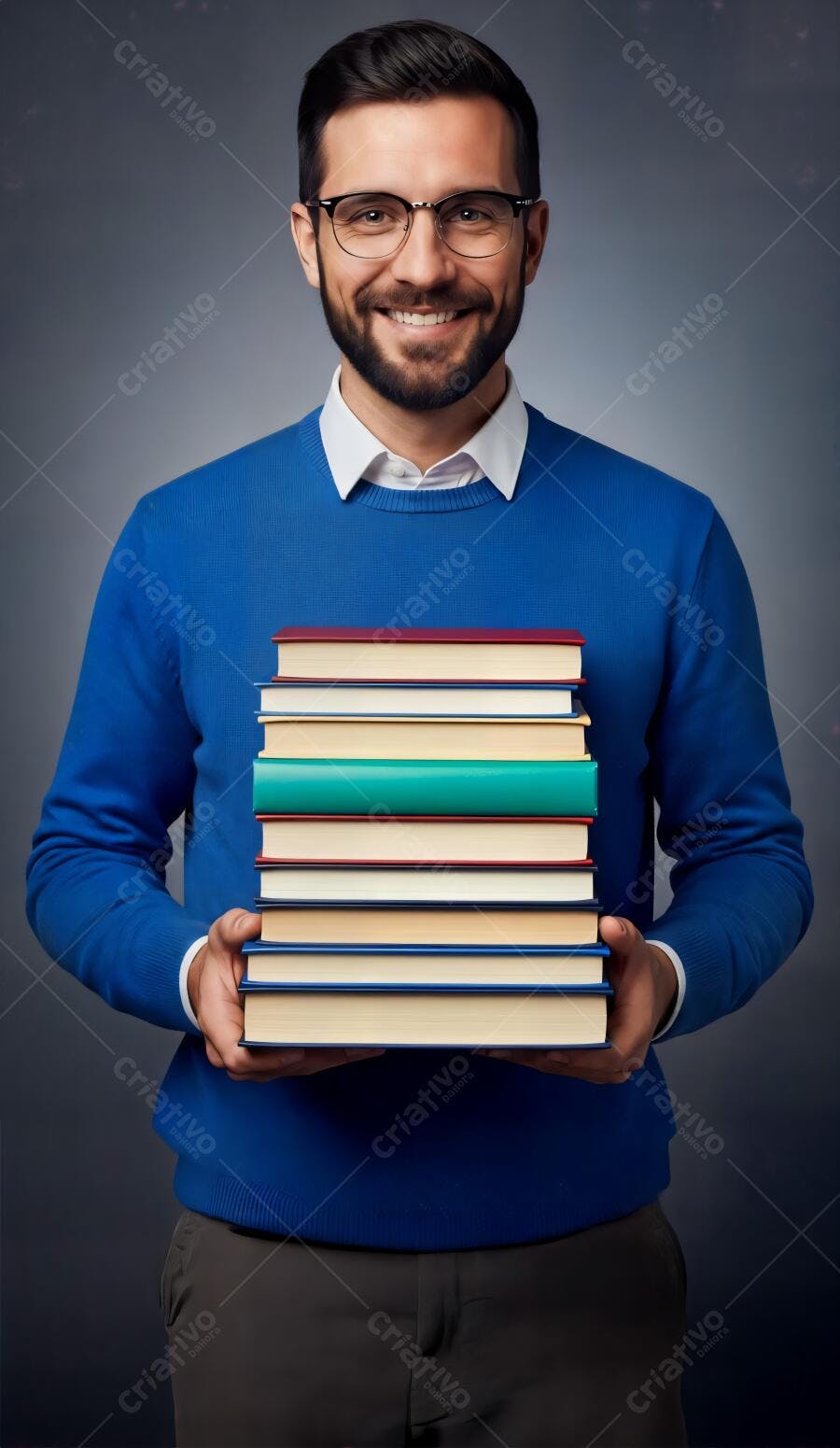 Homem profissional sorrindo de óculos segurando livros coloridos
