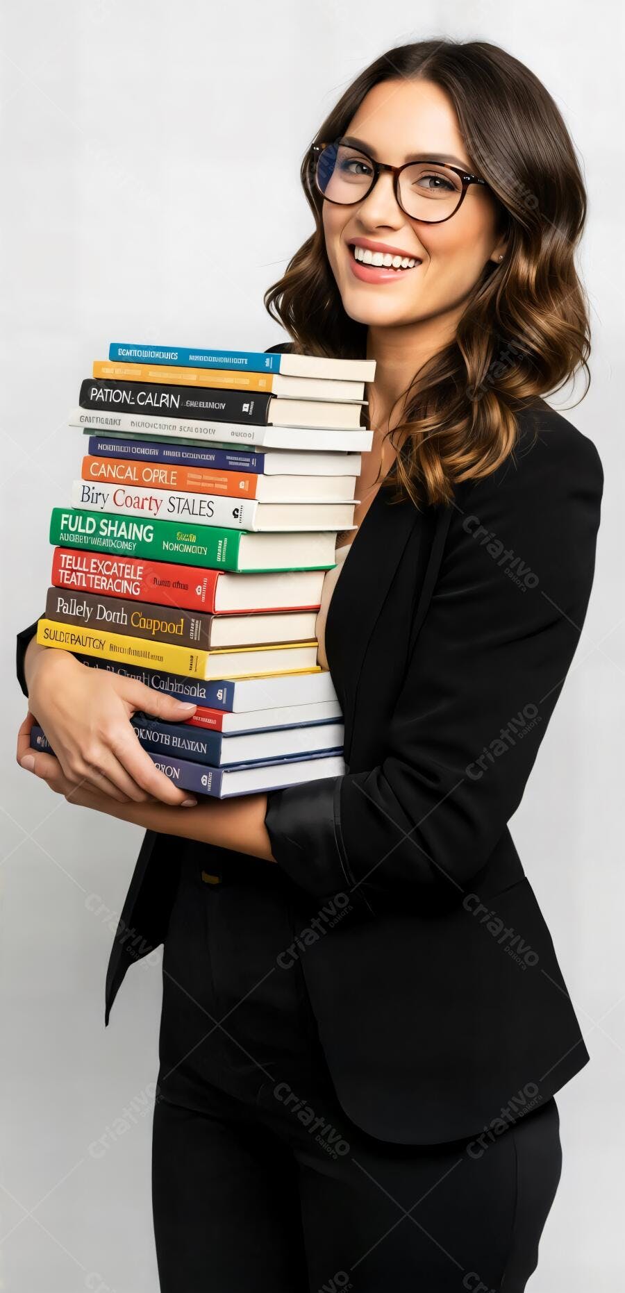 Mulher sorridente com óculos e blazer preto segurando pilha de livros coloridos
