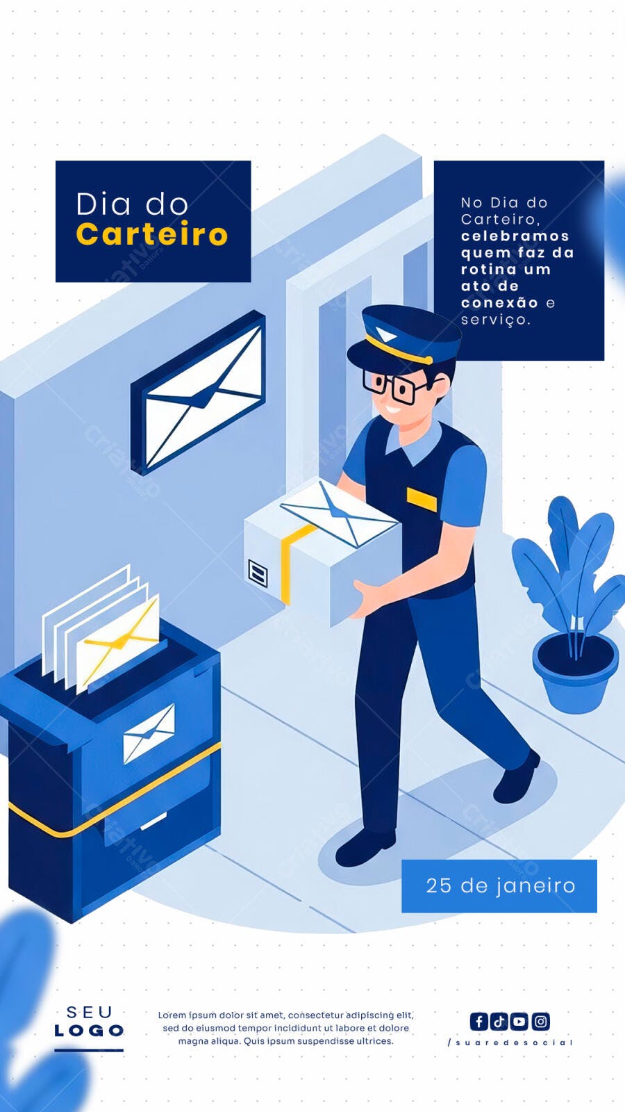 Flyer Social Dia do Carteiro 25 de janeiro Homem Uniforme Azul PSD Editável