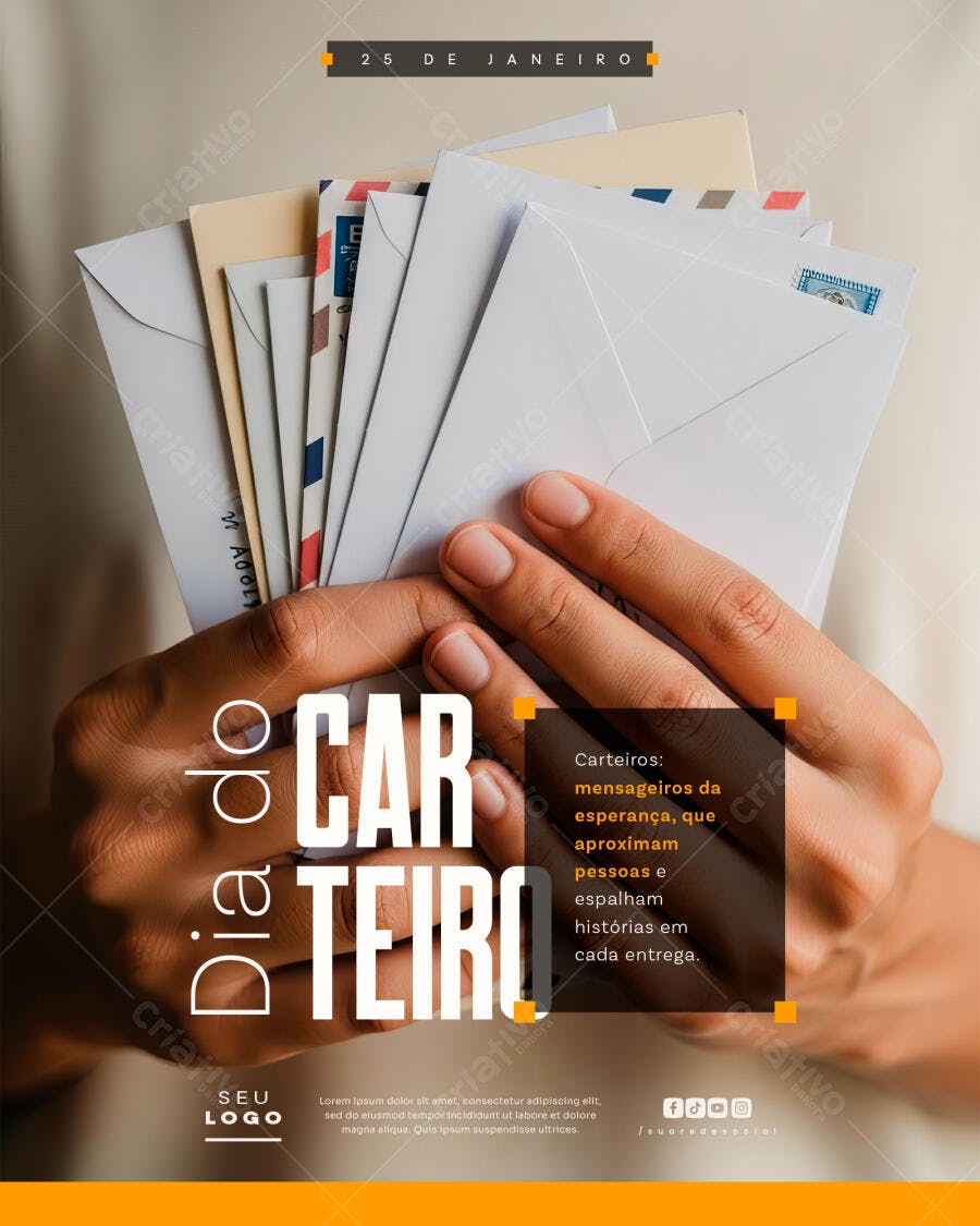 Flyer Dia do Carteiro Mãos e Cartas PSD Editável
