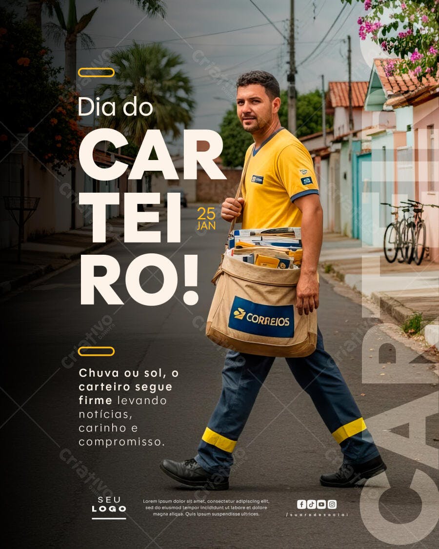 Flyer Dia do Carteiro 25 JAN com carteiro uniforme Correios PSD Editável
