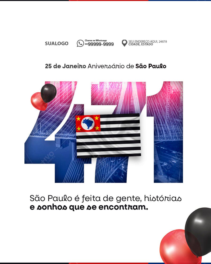 Flyer Aniversário de São Paulo 470 Anos 25 de Janeiro PSD Editável