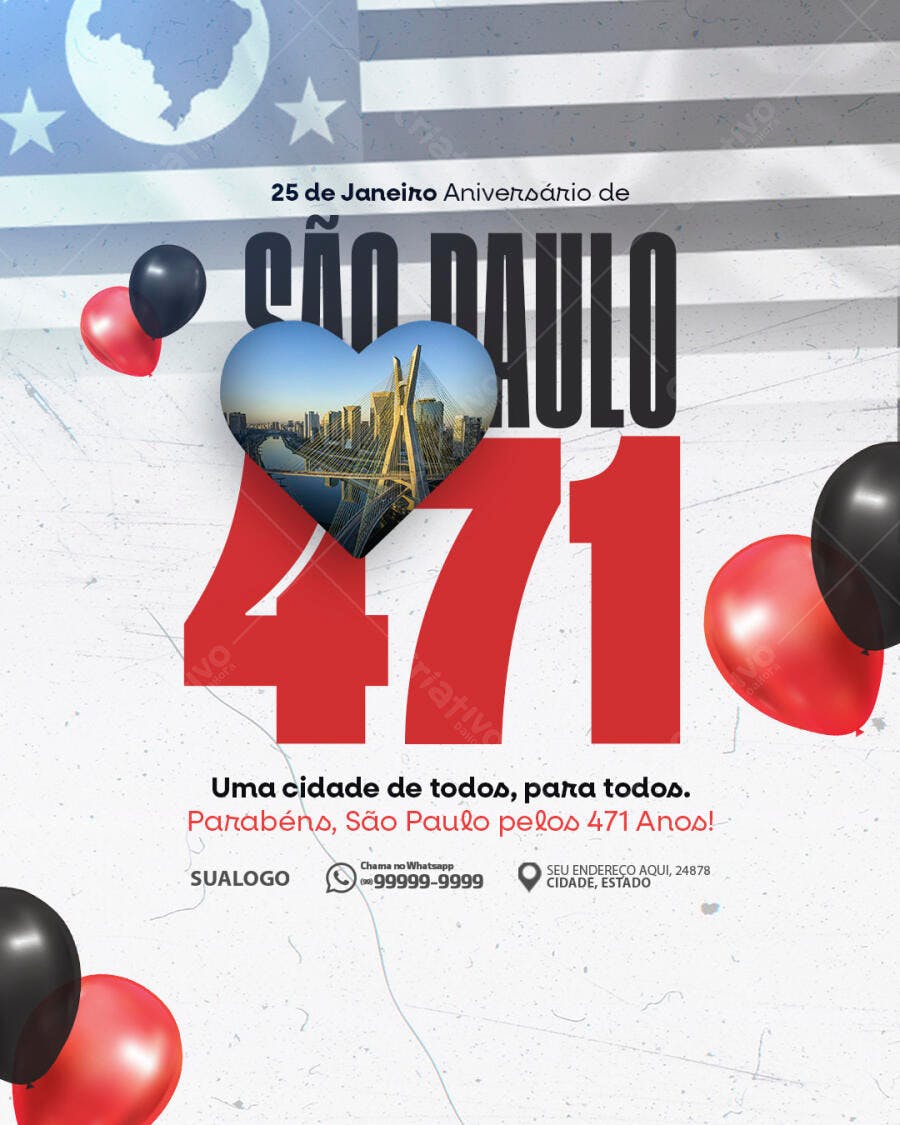 Flyer Celebração Aniversário São Paulo 471 Anos Ponte Estaiada PSD Editável