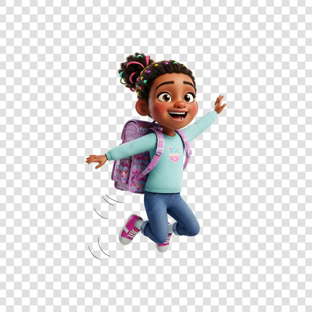 Ilustração Menina Negra Feliz Pulando com Mochila Volta às Aulas PNG com fundo transparente