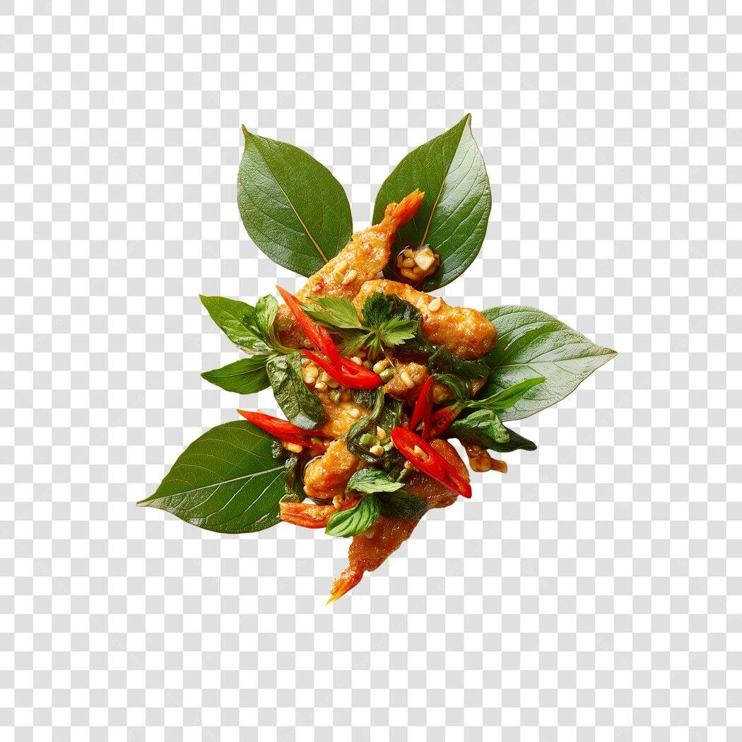 Prato asiático camarão frito pimenta manjericão folhas verdes PNG com fundo transparente