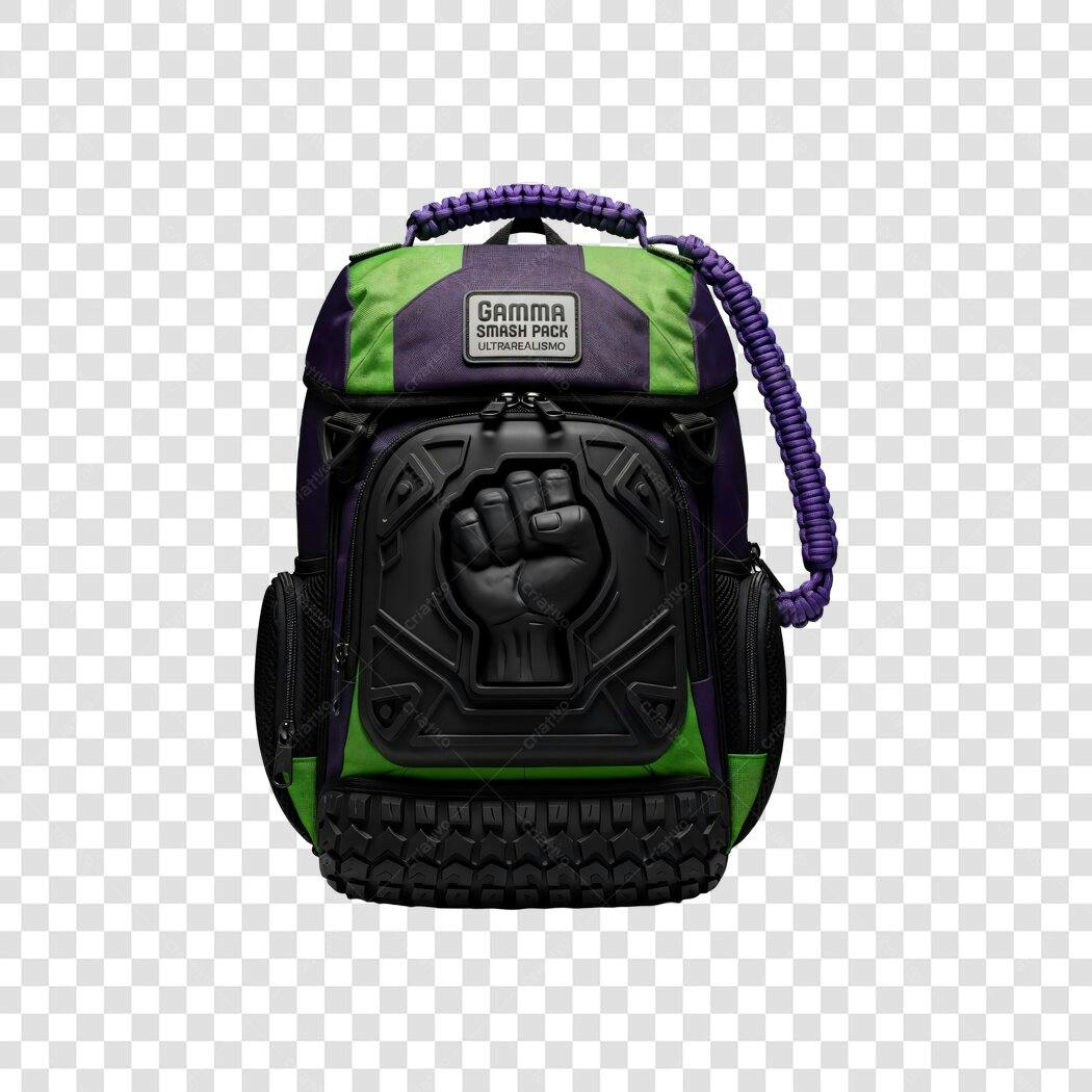 Mochila gamer verde e roxa com punho fechado design tático PNG com fundo transparente