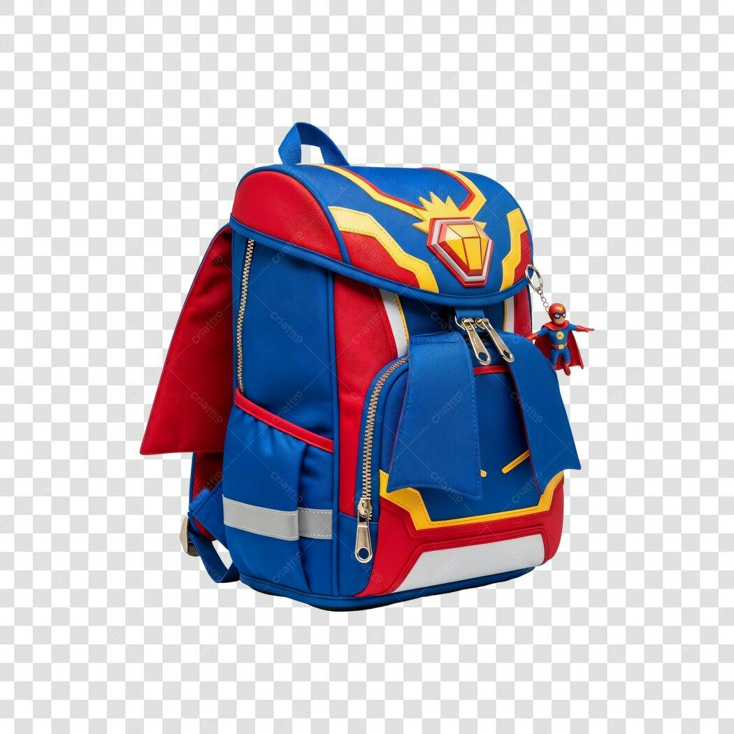Mochila infantil super-herói azul vermelho amarelo Volta às Aulas PNG com fundo transparente