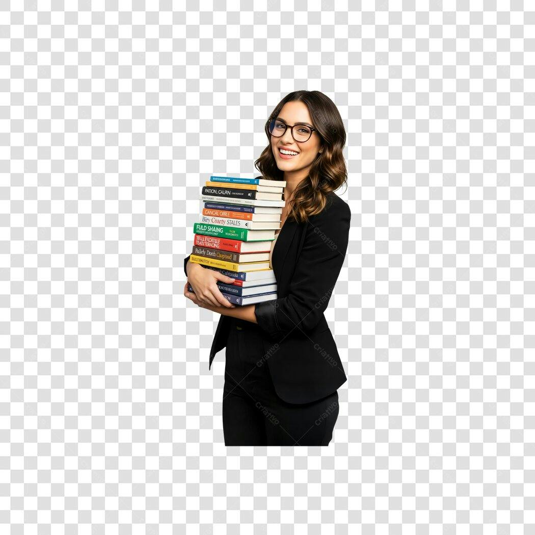 Imagem Mulher Profissional Sorrindo Óculos Livros Coloridos Educação PNG com fundo transparente