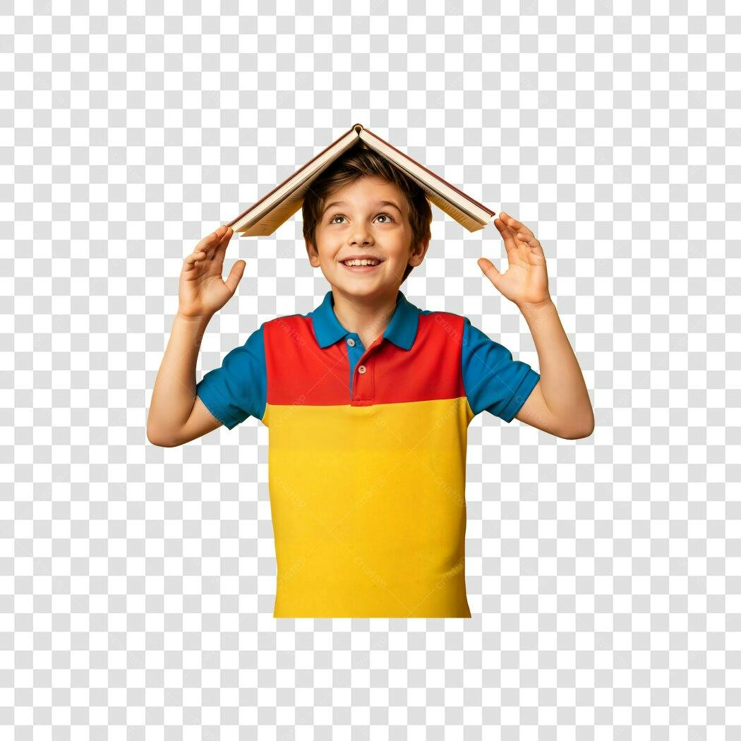 Foto de menino feliz com livro na cabeça aprendendo PNG com fundo transparente