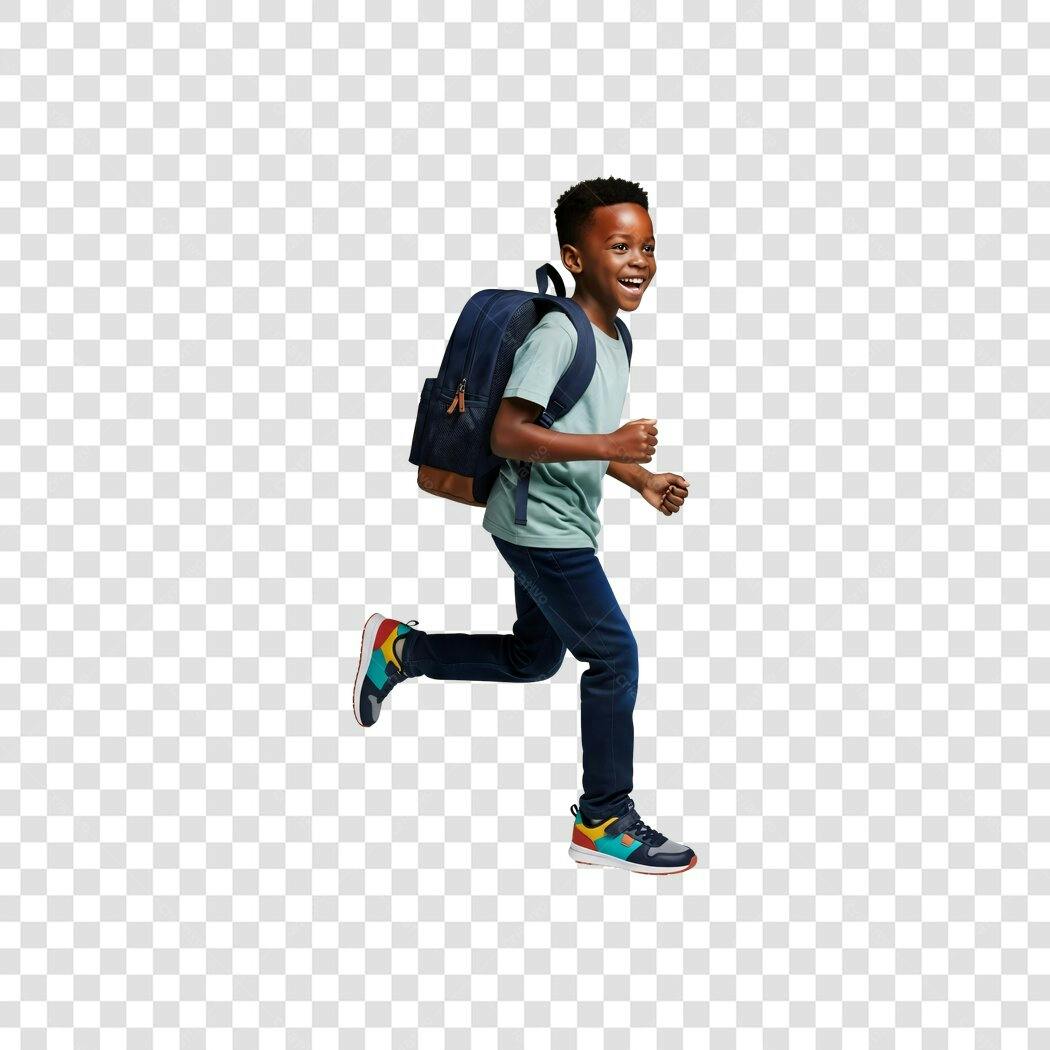 Recorte Menino Negro Estudante Correndo Feliz Mochila PNG com fundo transparente