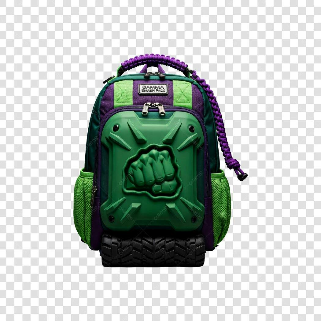 Mochila infantil verde roxa Hulk punho 3D escola viagem PNG com fundo transparente