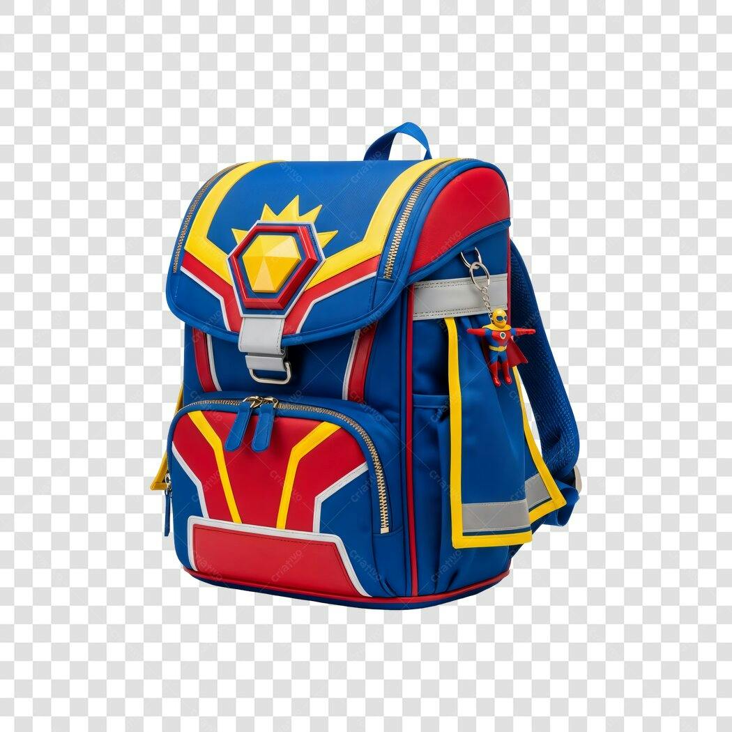 Mochila escolar infantil super-herói cores primárias PNG com fundo transparente