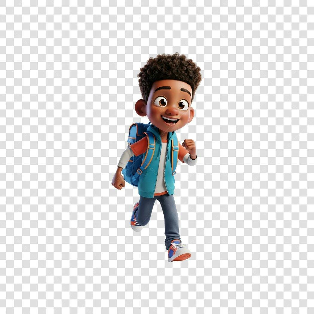 Personagem 3D menino negro feliz correndo para escola mochila azul PNG com fundo transparente