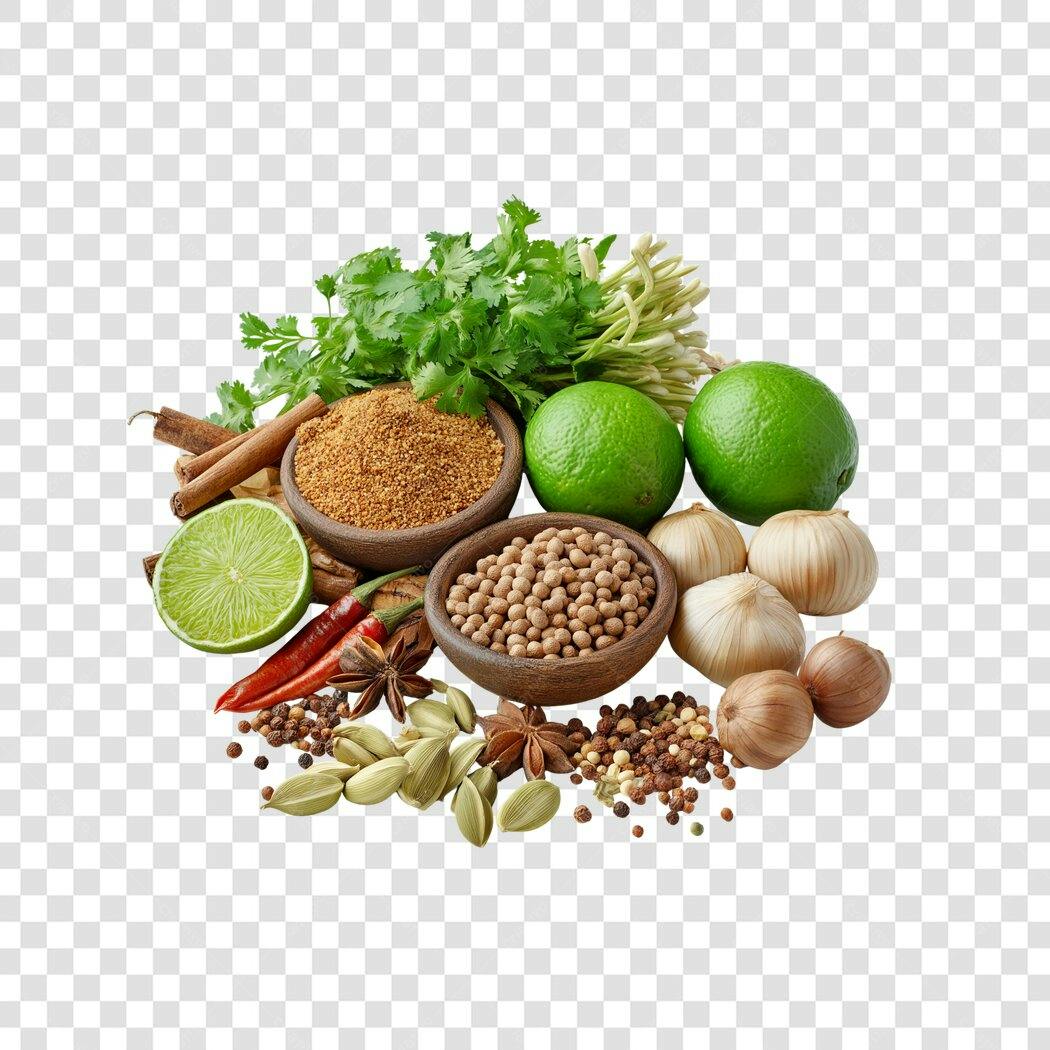 Ingredientes Culinários Frescos Especiarias Verdes Vermelhas PNG com fundo transparente