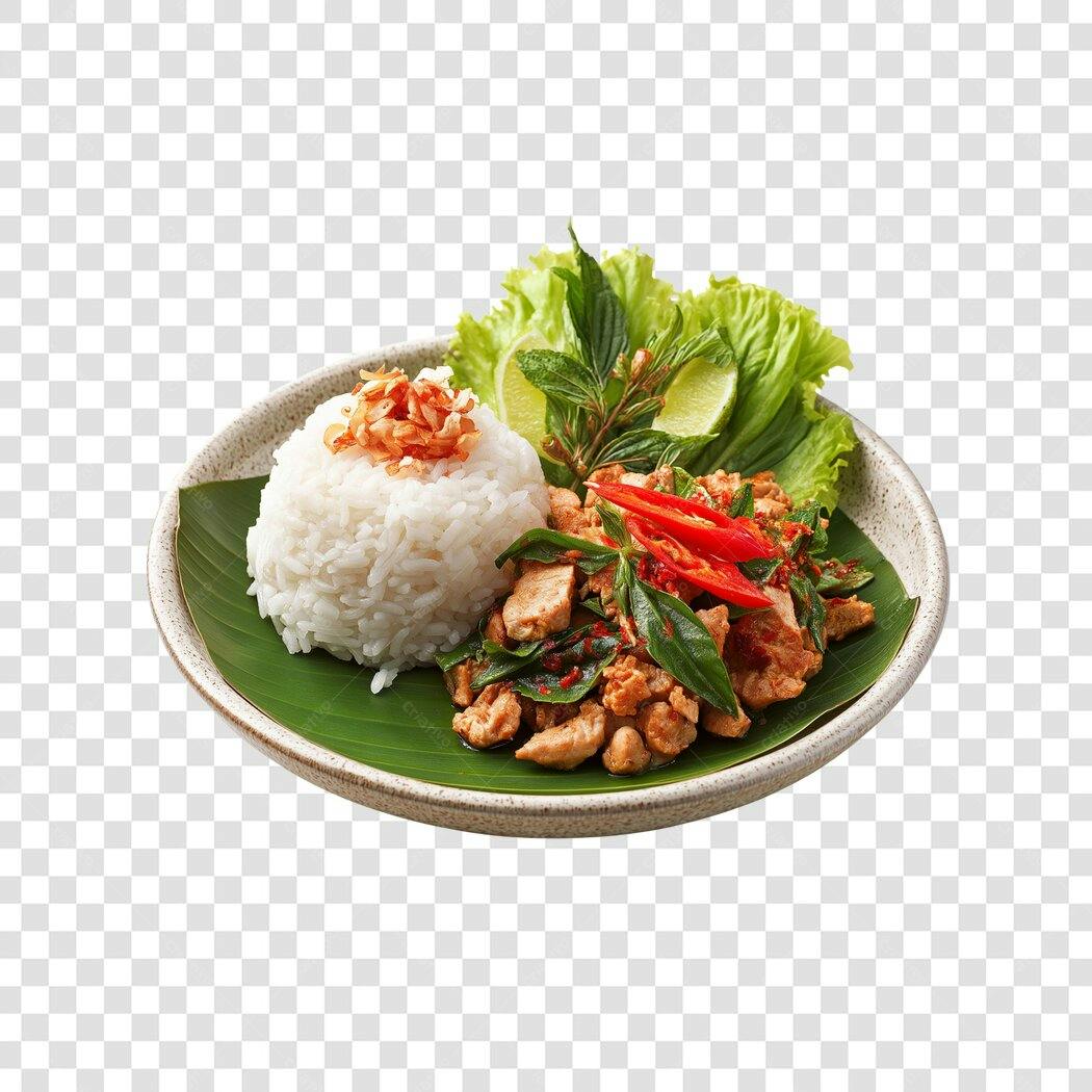 Prato de Comida Tailandesa Frango Manjericão Arroz Pimentas Limão PNG com fundo transparente