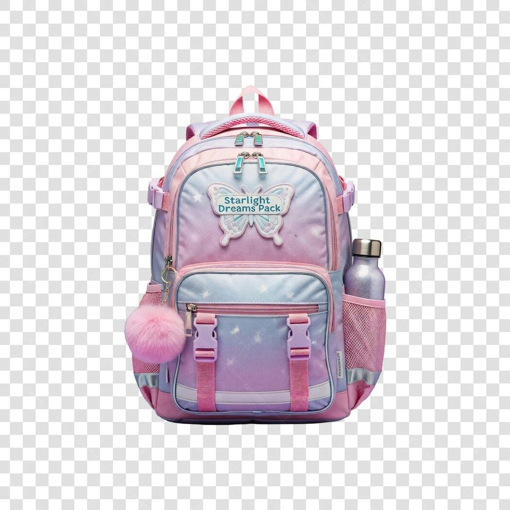 Mochila Escolar Infantil Menina Rosa Roxo Azul Claro com Pompom Borboleta PNG com fundo transparente