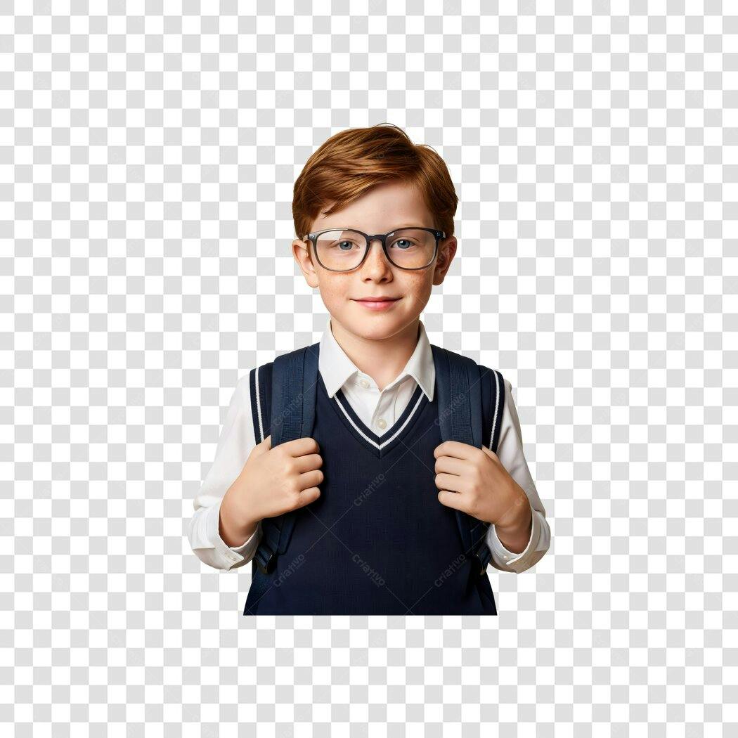 Criança estudante ruivo com óculos e mochila azul para volta às aulas PNG com fundo transparente